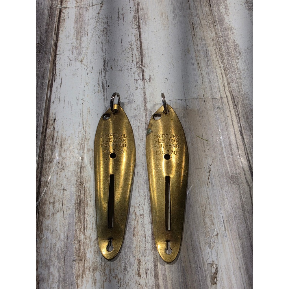 2 Vintage Crippled Alewife Pat Pend No 5/0 Brass Fishing Spoon Lures 3.5 Inch